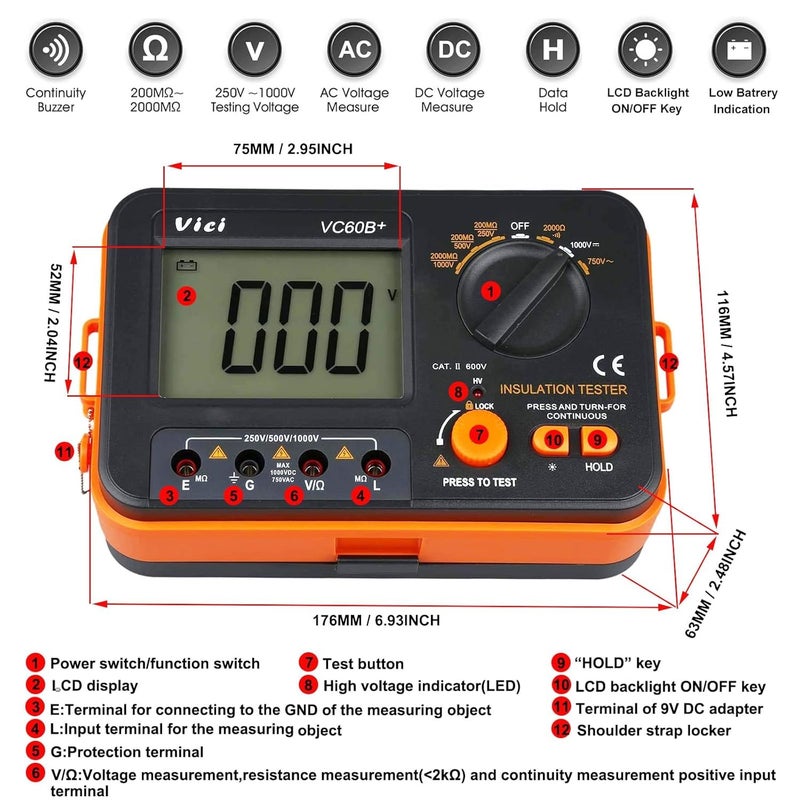 JUNLIXN VC60B+ Digital Insulation Resistance Tester, DC250/500/1000V AC750V Megohm Meter Double Alarm Backlight LCD Display & Data Hold OHM Meter DCV ACV Megohmmeter - Image 4